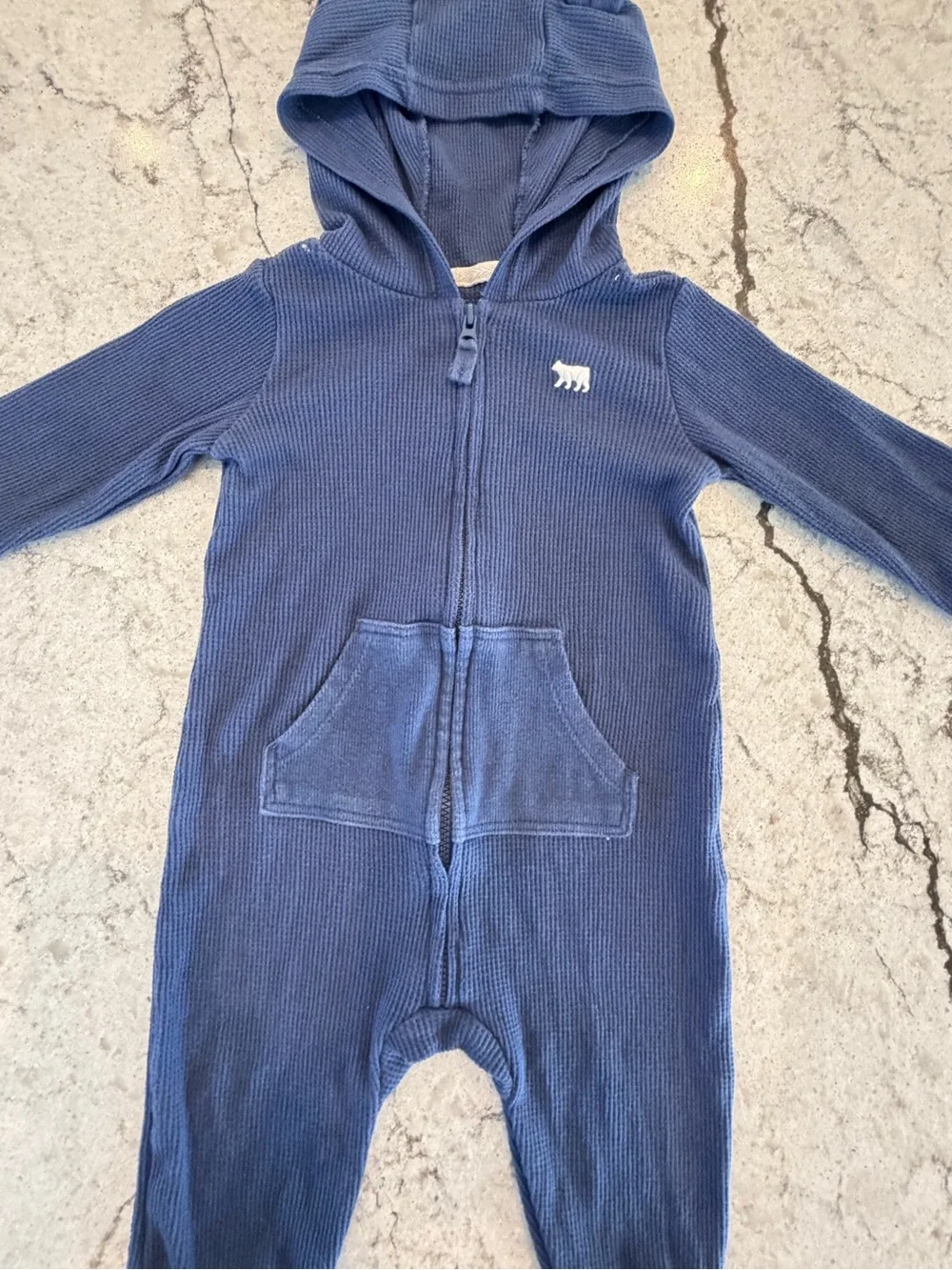 Carter’s Baby Blue Waffle Knit Hooded Romper Bear Ears Zip 9 Months